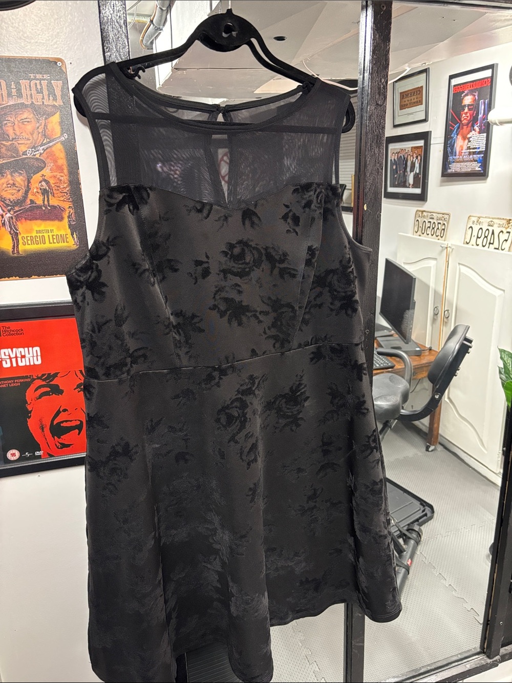 George Black Floral Fit-and-Flare Dress with Sheer Yoke